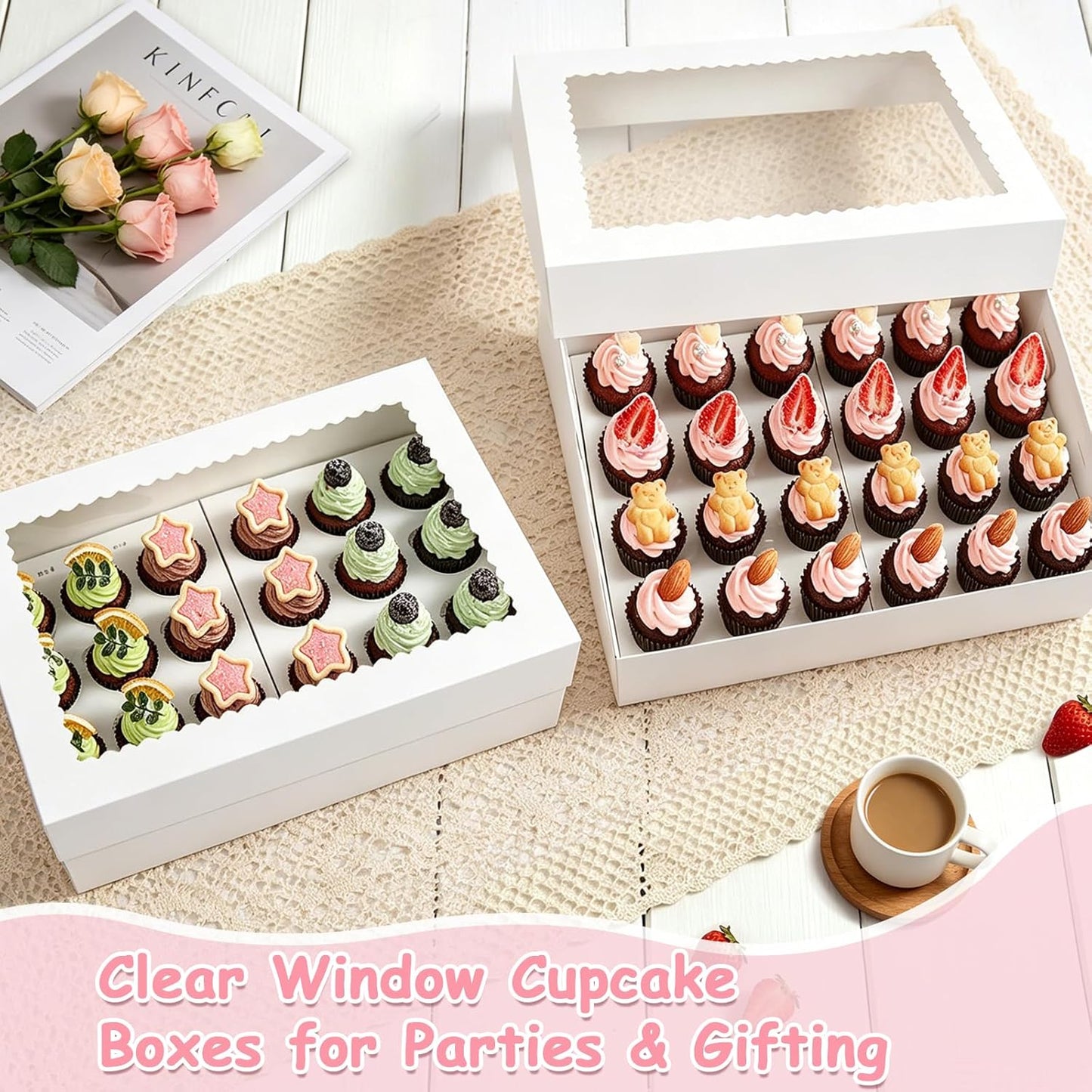 2 Pack White Cupcake Boxes with Cake Boards for 24 MINI Cupcakes, Food Grade Dessert Muffins Box Cupcake Carrier Containers with Window and Inserts for Birthday Holiday Party Bakery Supplies