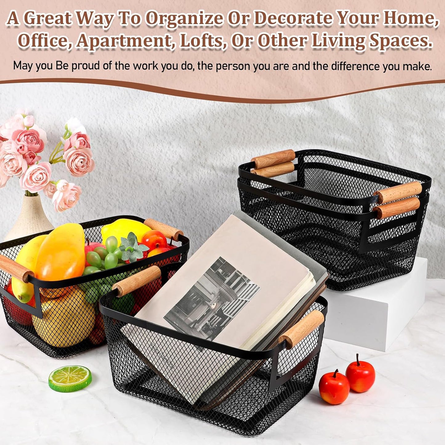6 Pcs Metal Wire Basket with Wooden Handles, Black Mesh Steel Storage Organizer Bin Containers for Home Organizing Cabinet Pantry Closet Kitchen Fridge Fruit Makeup Snacks