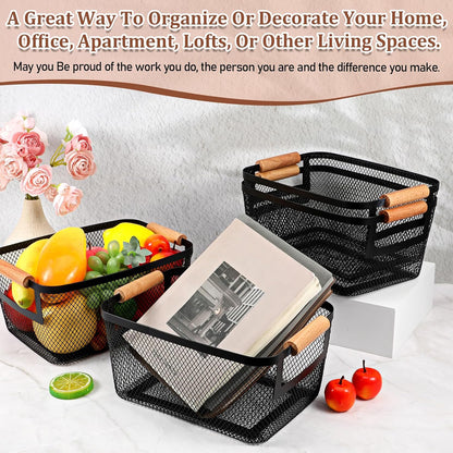 6 Pcs Metal Wire Basket with Wooden Handles, Black Mesh Steel Storage Organizer Bin Containers for Home Organizing Cabinet Pantry Closet Kitchen Fridge Fruit Makeup Snacks