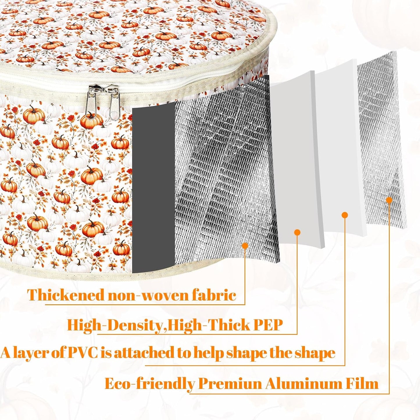 Fall Pumpkin Round Pie Carrier 12 x 7 Inch Thanksgiving Pumpkin Flowers Insulated Casserole Carrier with Lid and Detachable Handle for Thanksgiving Hot Pie Cake Transport Autumn Party