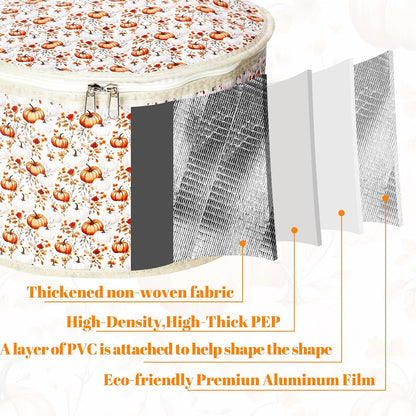 Fall Pumpkin Round Pie Carrier 12 x 7 Inch Thanksgiving Pumpkin Flowers Insulated Casserole Carrier with Lid and Detachable Handle for Thanksgiving Hot Pie Cake Transport Autumn Party