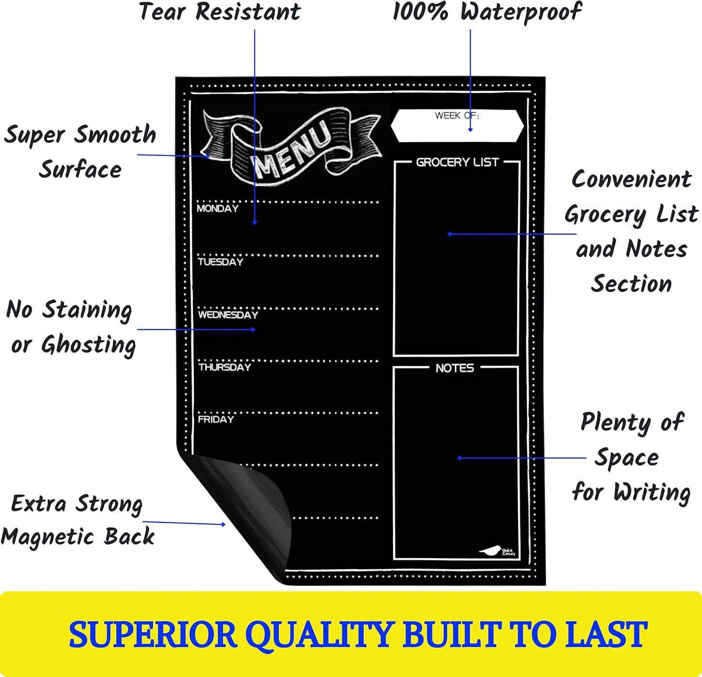Magnetic Weekly Meal Planner for Fridge – 16” x 12” Dry Erase Menu Board with Grocery List & Notes – Stain-Resistant Whiteboard for Family Meal Planning Includes 3 Magnetic Markers & Eraser