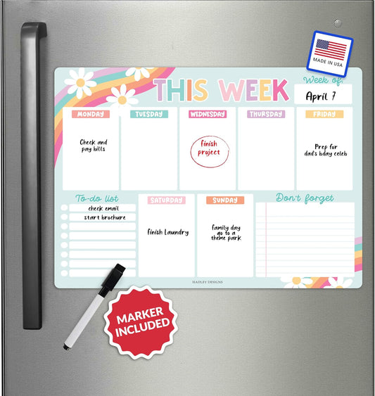 Hadley Designs Weekly Magnetic Calendar for Refrigerator, Dry Erase Board for Fridge, Magnetic Weekly Planner for Kitchen, Reusable Schedule Organizer (Retro)