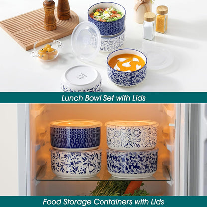 vancasso Ceramic Nesting Bowls with Lids Set of 4, Serving Bowls for Food Storage, Prep Bowl, Ceramic Bowl for Kitchen, Microwave & Dishwasher Safe, 60+36+20+10 Oz, Series SELENE