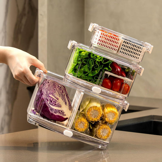 Felli Duo Fresh Produce Saver for Fridge, Fruit Vegetable Container with Vent & Drainage in Bottom for Wash, Colander Strainer Storage Bin for Refrigerator, Berry Lettuce Keeper