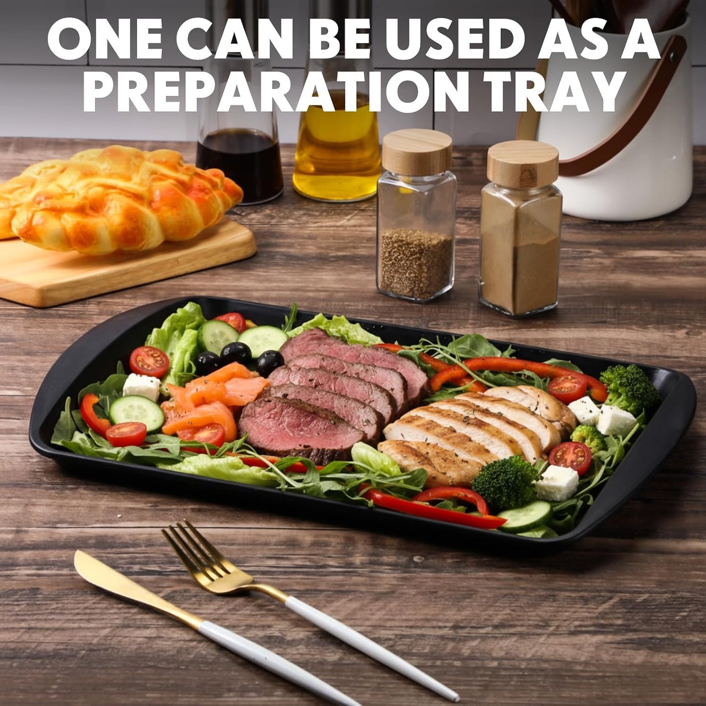 DoubleFill Set of 4 Grilling Prep and Serve Trays, 17x12 Inch 14x10 Inch Large BBQ Platter for Raw and Cooked Food Plastic Grill Tray, Black and Red Stackable Defrosting Grill Prep and Carry System