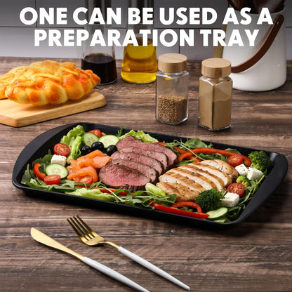 DoubleFill Set of 4 Grilling Prep and Serve Trays, 17x12 Inch 14x10 Inch Large BBQ Platter for Raw and Cooked Food Plastic Grill Tray, Black and Red Stackable Defrosting Grill Prep and Carry System