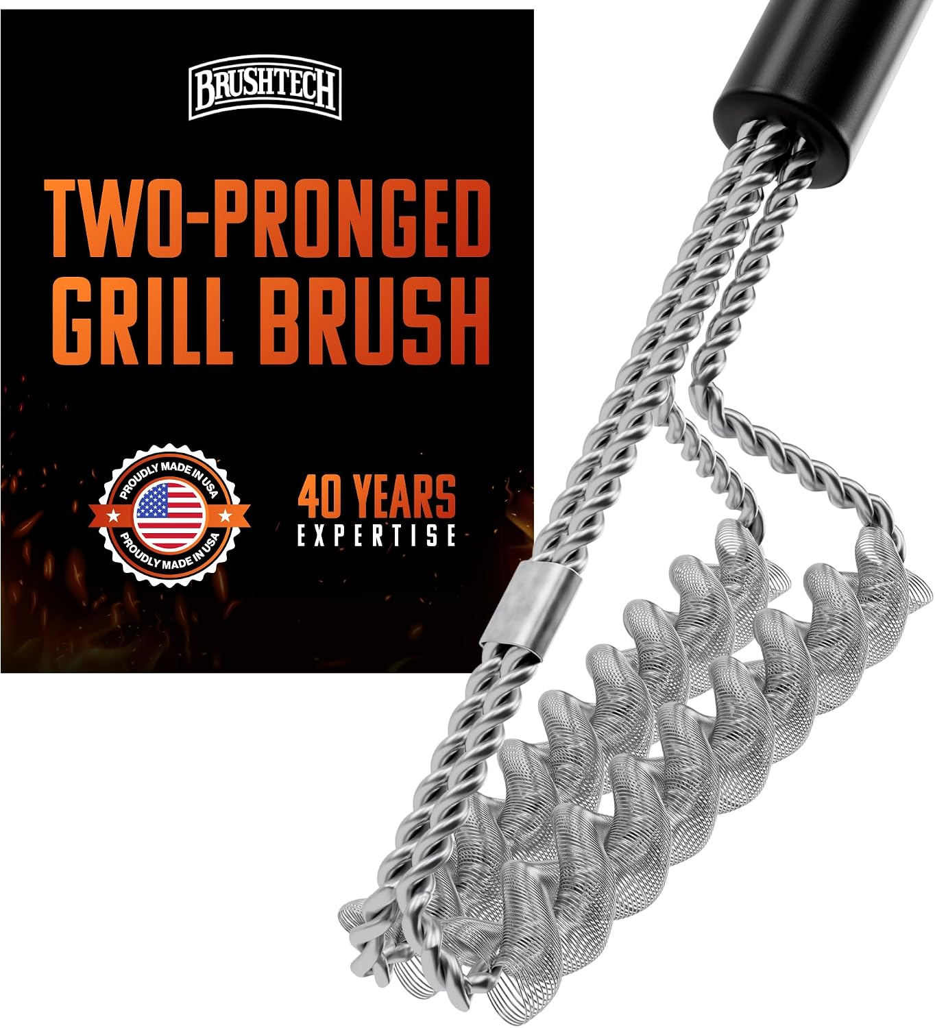 Brushtech Double Helix Grill Brush, 16″ Flat BBQ Grill Cleaner - Bristle‑Free Coil Springs Clean Tops & Sides - Stainless Steel, Long Reach Handle, Heavy‑Duty BBQ Tool for Gas & Charcoal Grates
