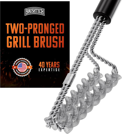 Brushtech Double Helix Grill Brush, 16″ Flat BBQ Grill Cleaner - Bristle‑Free Coil Springs Clean Tops & Sides - Stainless Steel, Long Reach Handle, Heavy‑Duty BBQ Tool for Gas & Charcoal Grates