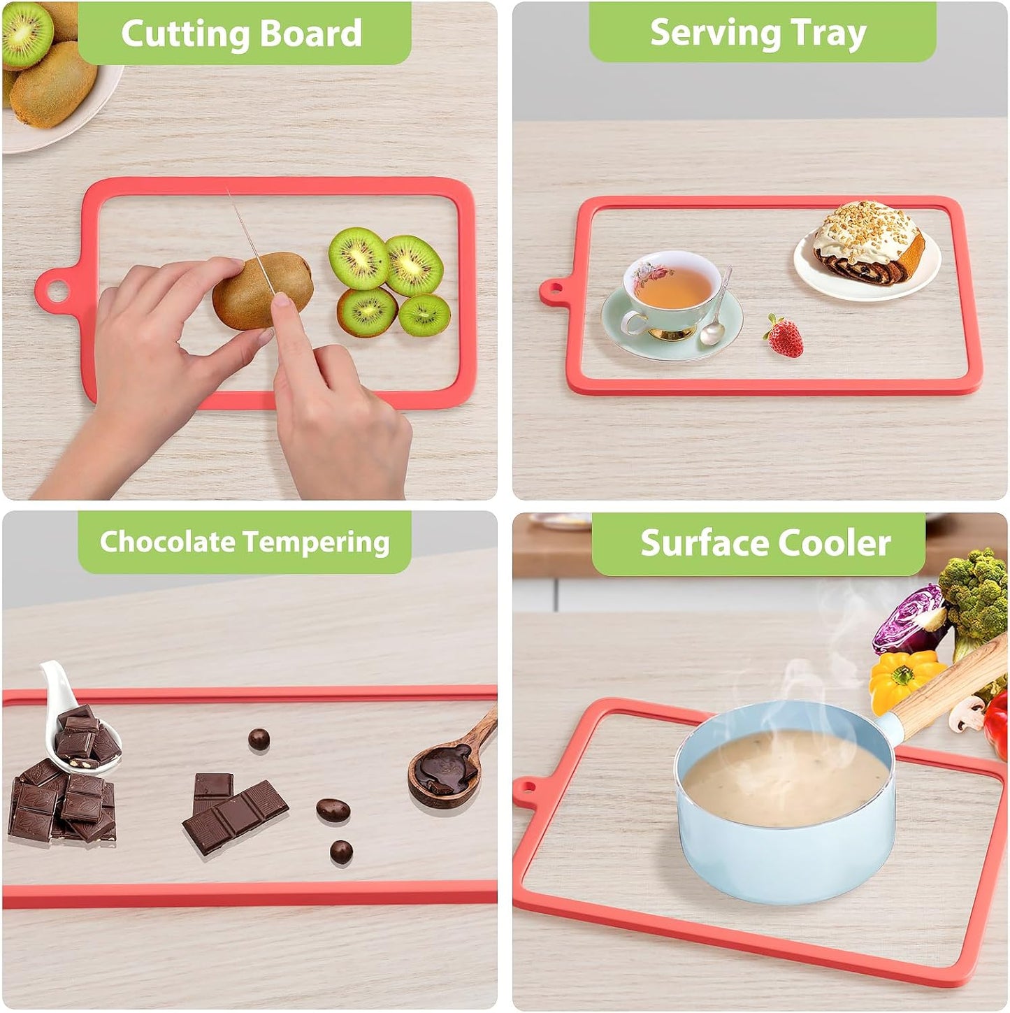 Freshmage 2Pcs Tempered Glass Cutting Boards for Kitchen, Glass Cutting Board Set (15"x10" & 12"x8") with Non-Slip Silicone Edges and Hanging Hole, Clear Cutting Board for Countertop & Chopping