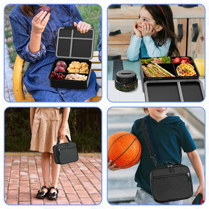 Kids Bento Lunch Box with Thermos, Leakproof Toddler Bento Box with 9 OZ Insulated Food Jar, Lunch Bag & Utensils 3 or 4 Compartment Container for School Girls Boys