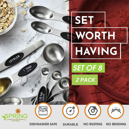 Spring Chef Stainless Steel Magnetic Measuring Spoons Set with Strong N45 Magnets, Heavy Duty Metal Kitchen Gadgets for Baking & Cooking, Fits in Most Kitchen Spice Jars, Set of 8 with Leveler, Black