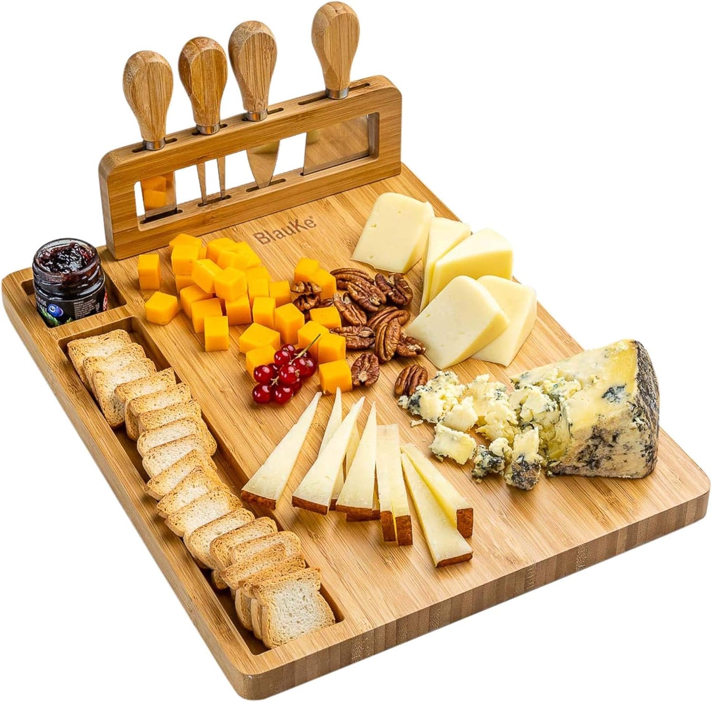 Bamboo Cheese Board and Knife Set – 14 inch Round Charcuterie Board, Serving Tray, Platter, Wood Cheeseboard Set with Slide-Out Drawer – BlauKe®