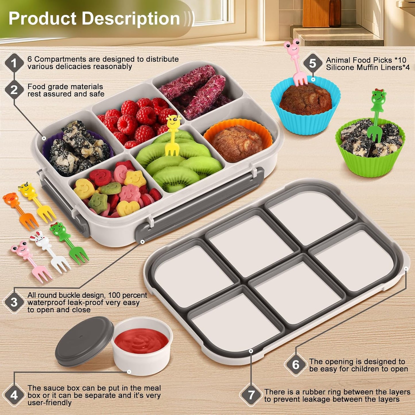 Amathley Lunch Box Kids Girls Boys,Bento Box Adult,Toddler Lunch Containers for School,Leakproof Snack Containers with 6 Compartments,Sauce Container,10 Food Picks and 4 Muffin Cups (Green)