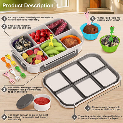 Amathley Lunch Box Kids Girls Boys,Bento Box Adult,Toddler Lunch Containers for School,Leakproof Snack Containers with 6 Compartments,Sauce Container,10 Food Picks and 4 Muffin Cups (Green)
