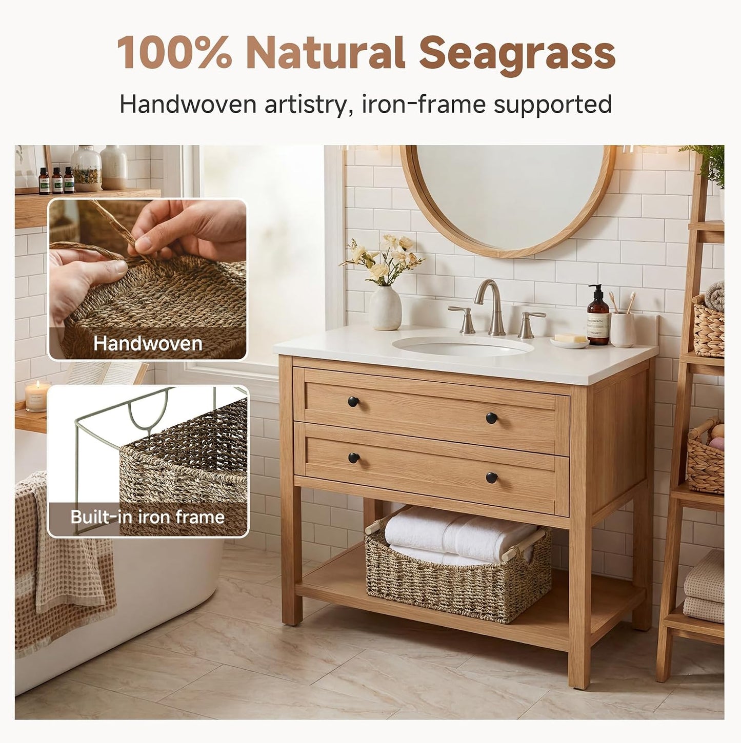 StorageWorks Wicker Baskets for Organizing, Water Hyacinth Storage Baskets with Handles, Woven Baskets for Pantry Storage, 13" x 8¼" x 7", 2-Pack