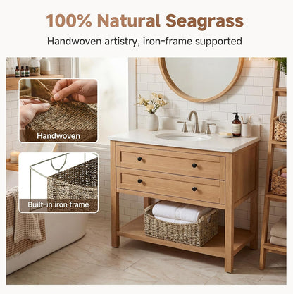 StorageWorks Wicker Baskets for Organizing, Water Hyacinth Storage Baskets with Handles, Woven Baskets for Pantry Storage, 13" x 8¼" x 7", 2-Pack