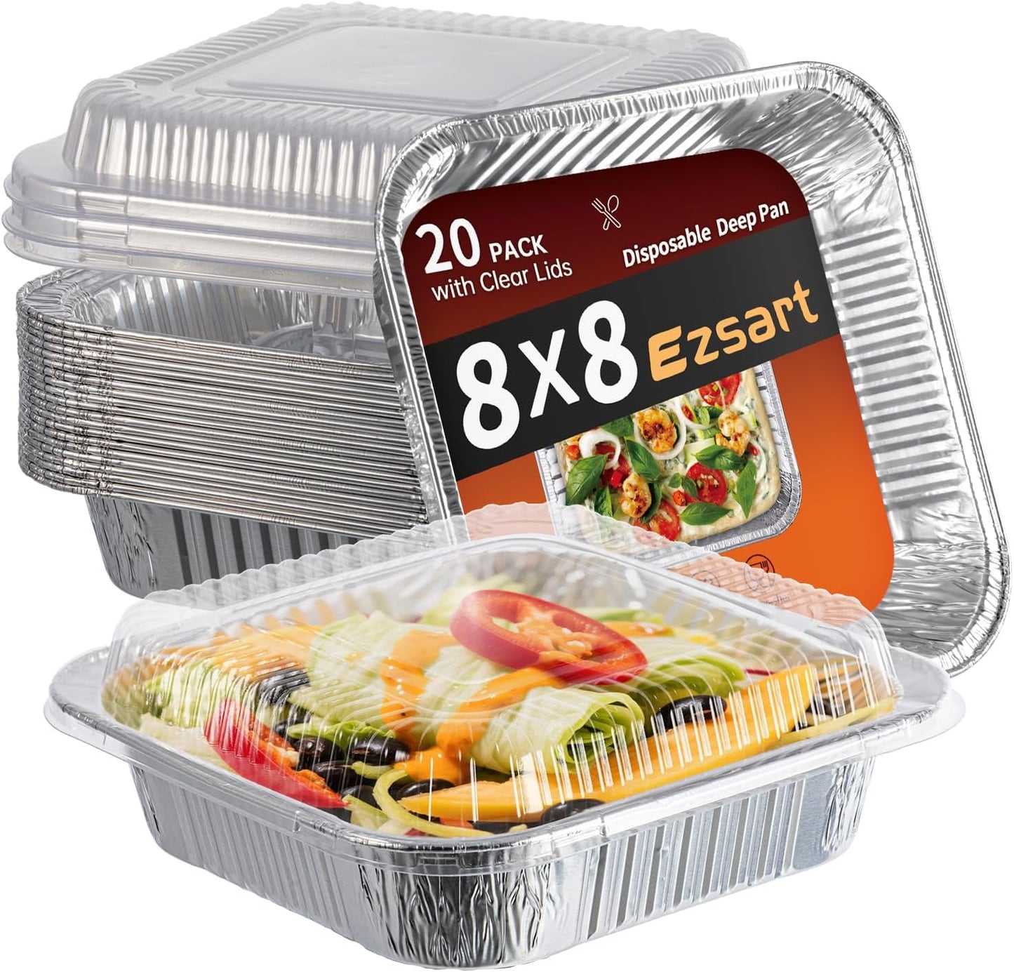 8x8 Aluminum Pans - 20 Pack Disposable Foil Pans, Heavy Duty Square Aluminum Baking & Roasting Trays for Meal Prep, Food Storage, Heating & Party Serving