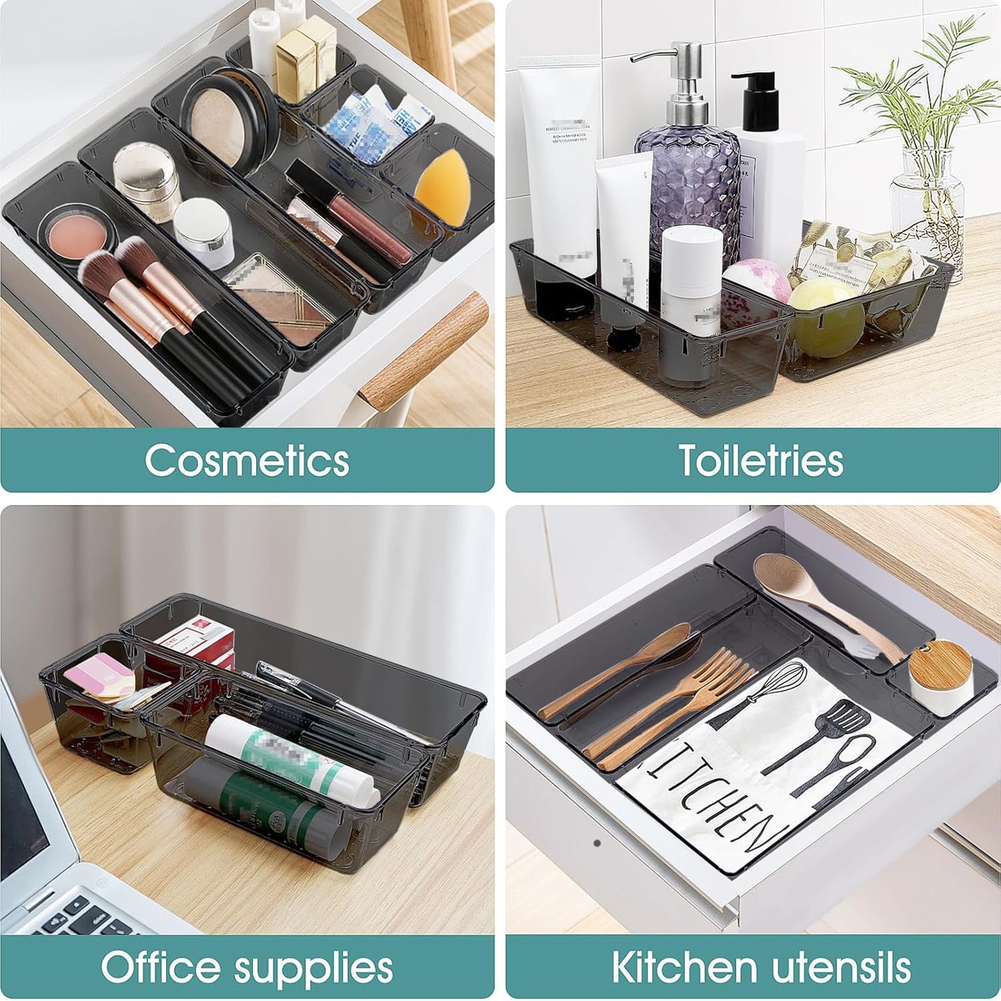 WOWBOX 25 PCS Clear Plastic Drawer Organizer Set, 4 Sizes Desk Drawer Divider Organizers and Storage Bins for Makeup, Jewelry, Gadgets for Kitchen, Bedroom, Bathroom, Office