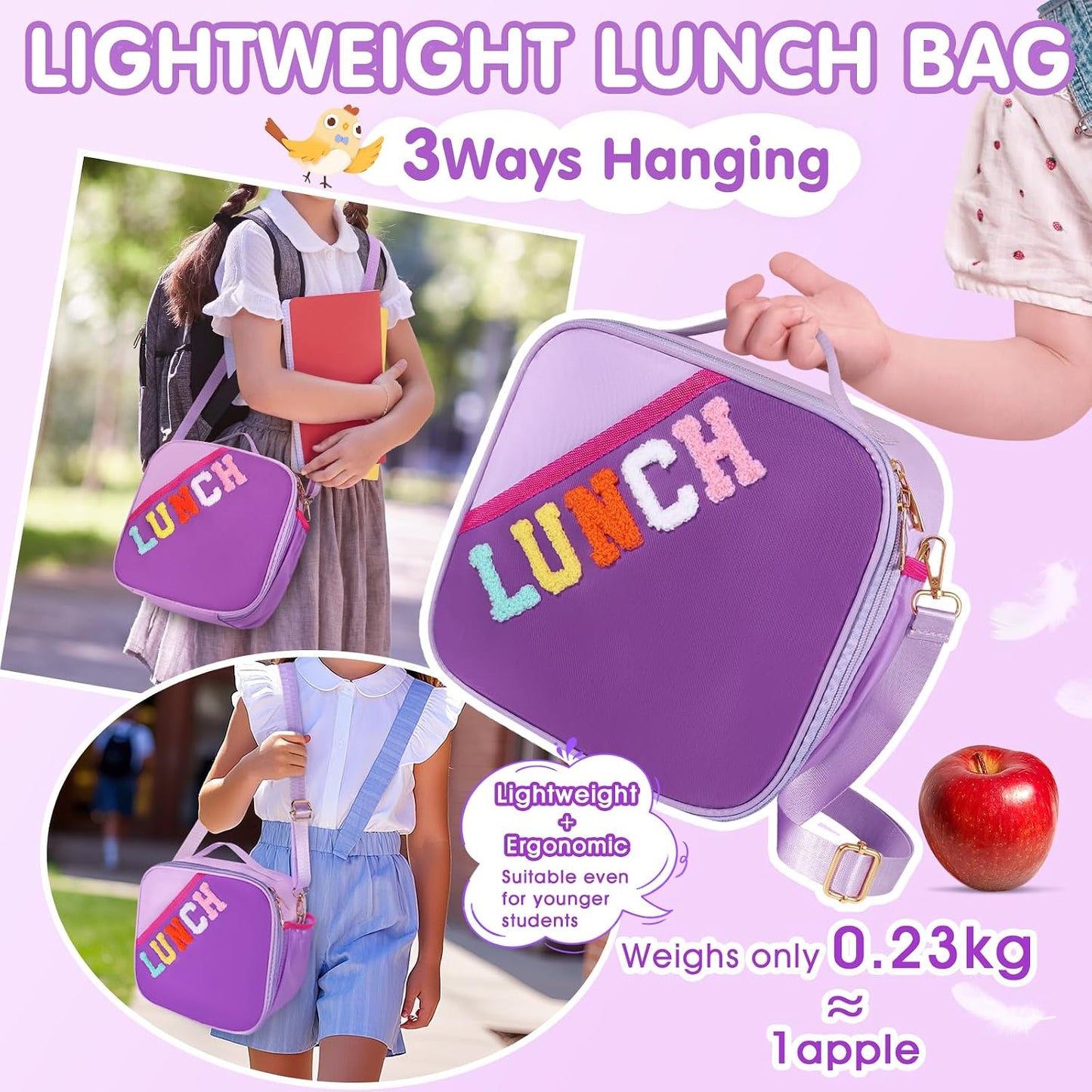 Nsrzua Lunch Bag Kids-Kids Insulated Lunch Bag with Adjustable Strap - Reusable Leakproof Lunch Box for Girls, Preppy School Lunch Tote for Travel, Picnic,School & Winter Camp