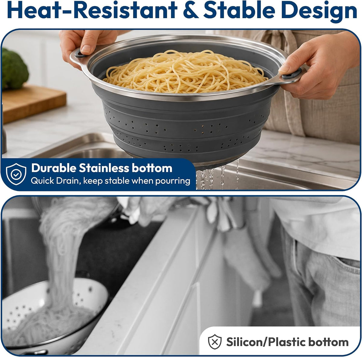 Collapsible Silicone & Steel Colander, Strainer, Large, Gray