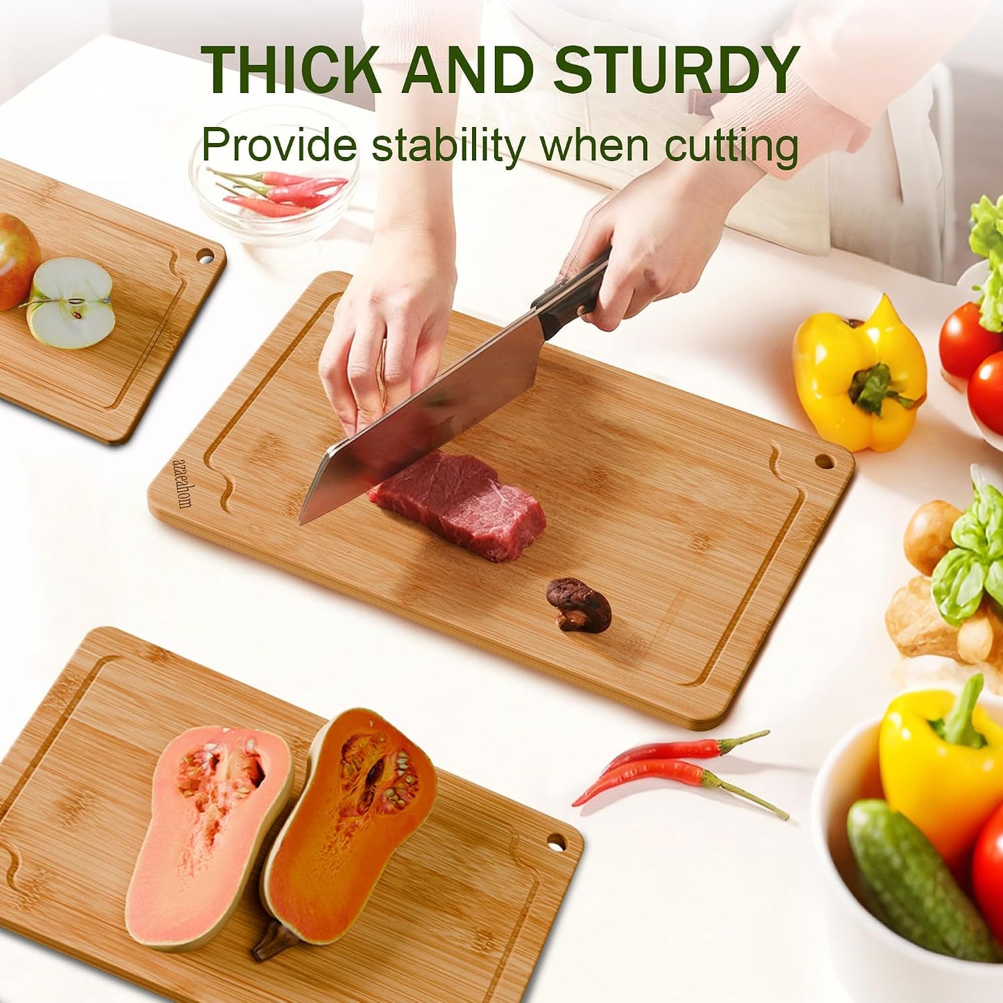 Bamboo Cutting Boards for Kitchen, Wood Cutting Board Set with Juice Grooves & Built-in Handles, Large Medium Small Chopping Board for Meat, Vegetables, Fruit