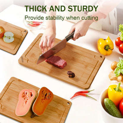 Bamboo Cutting Boards for Kitchen, Wood Cutting Board Set with Juice Grooves & Built-in Handles, Large Medium Small Chopping Board for Meat, Vegetables, Fruit