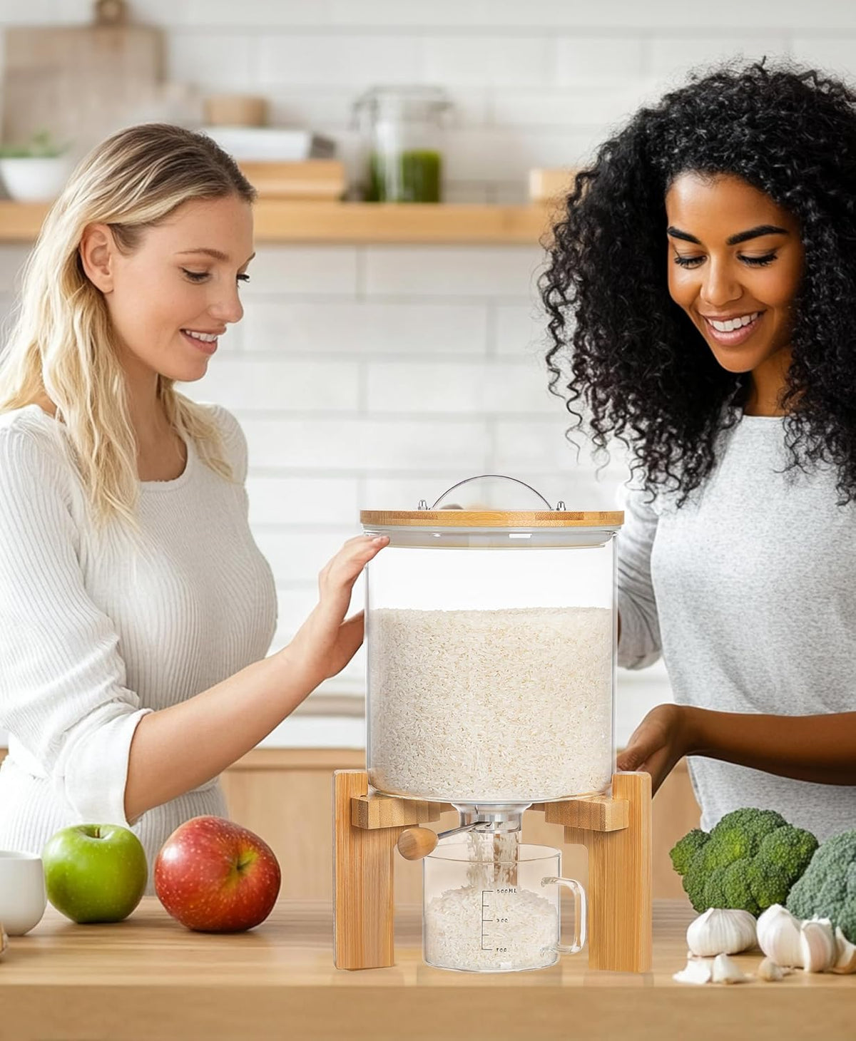 HBlife 5-7 Lbs Glass Rice Dispenser with Wooden Stand Flour and Cereal Container with Glass Measuring Cup Pantry Food Organization Storage Bin with Airtight Bamboo Lid, 3L