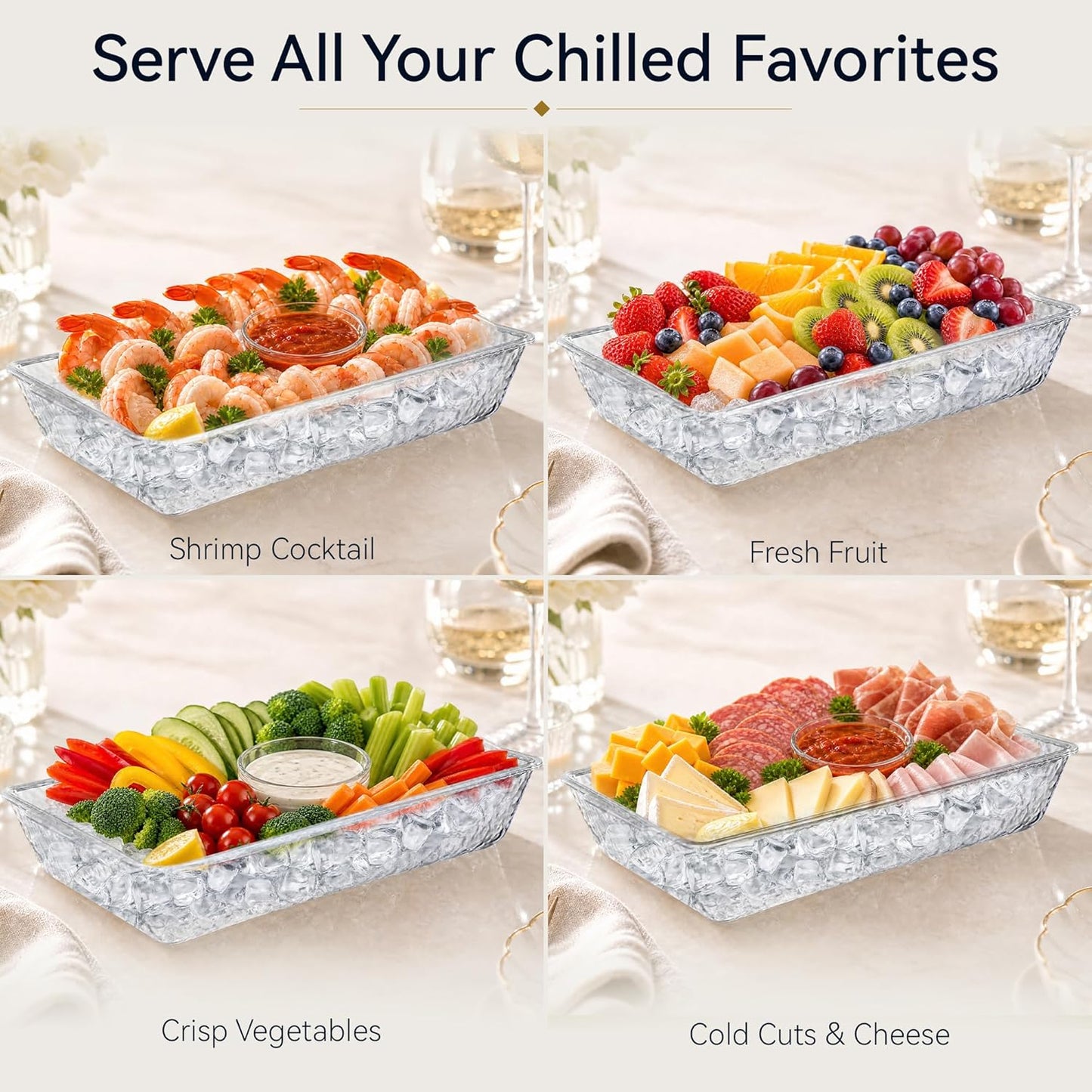 2 Pack Chilled Serving Tray with Ice Chamber, Clear PET Appetizer Platter Set with Stainless Steel Tongs, Fruit Forks & Ice Scoop, Cold Food Tray for Seafood, Fruit, BBQ & Pool Parties