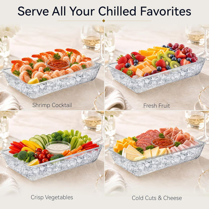2 Pack Chilled Serving Tray with Ice Chamber, Clear PET Appetizer Platter Set with Stainless Steel Tongs, Fruit Forks & Ice Scoop, Cold Food Tray for Seafood, Fruit, BBQ & Pool Parties