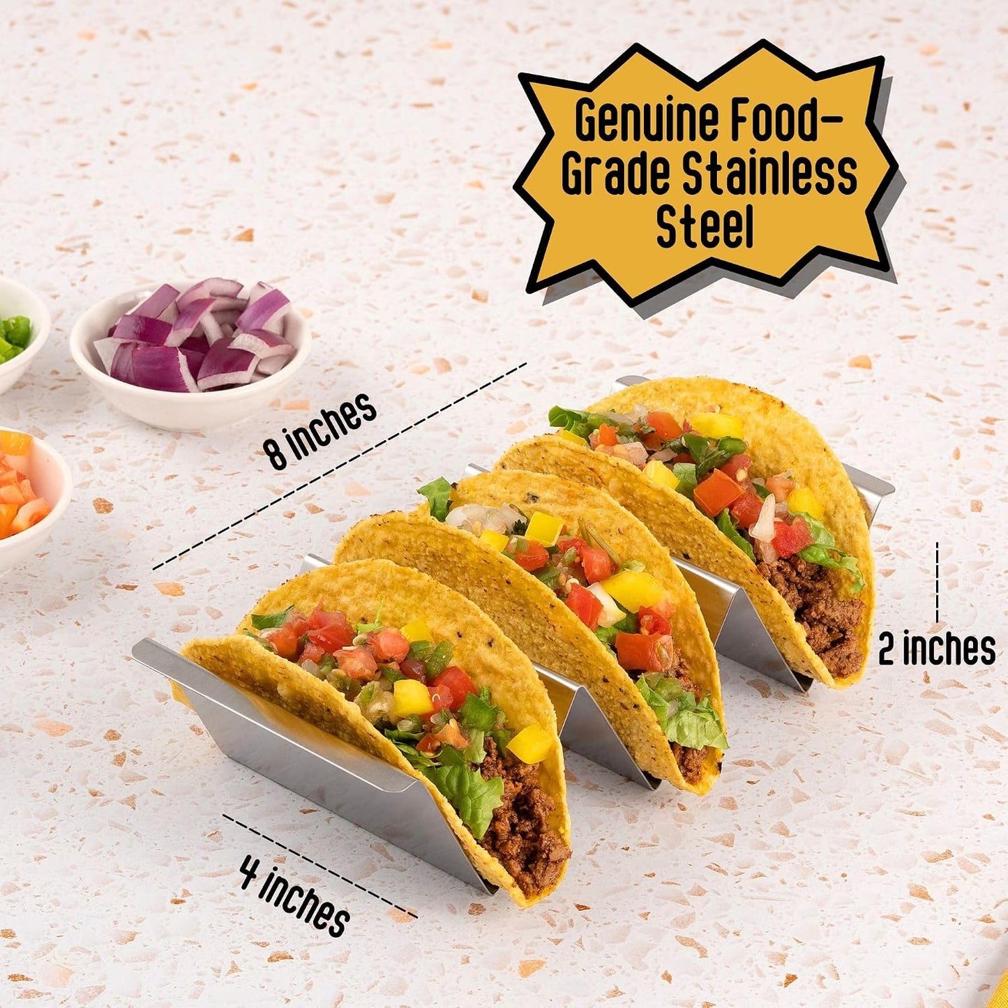 NEW - Taco Holders Set of 4 | Stainless Steel Taco Holders, Oven & Grill Safe Taco Stands, Holds 2-3 Tacos Each, Dishwasher-Safe Taco Holder with Easy-Lift Handles, Stackable for Easy Storage