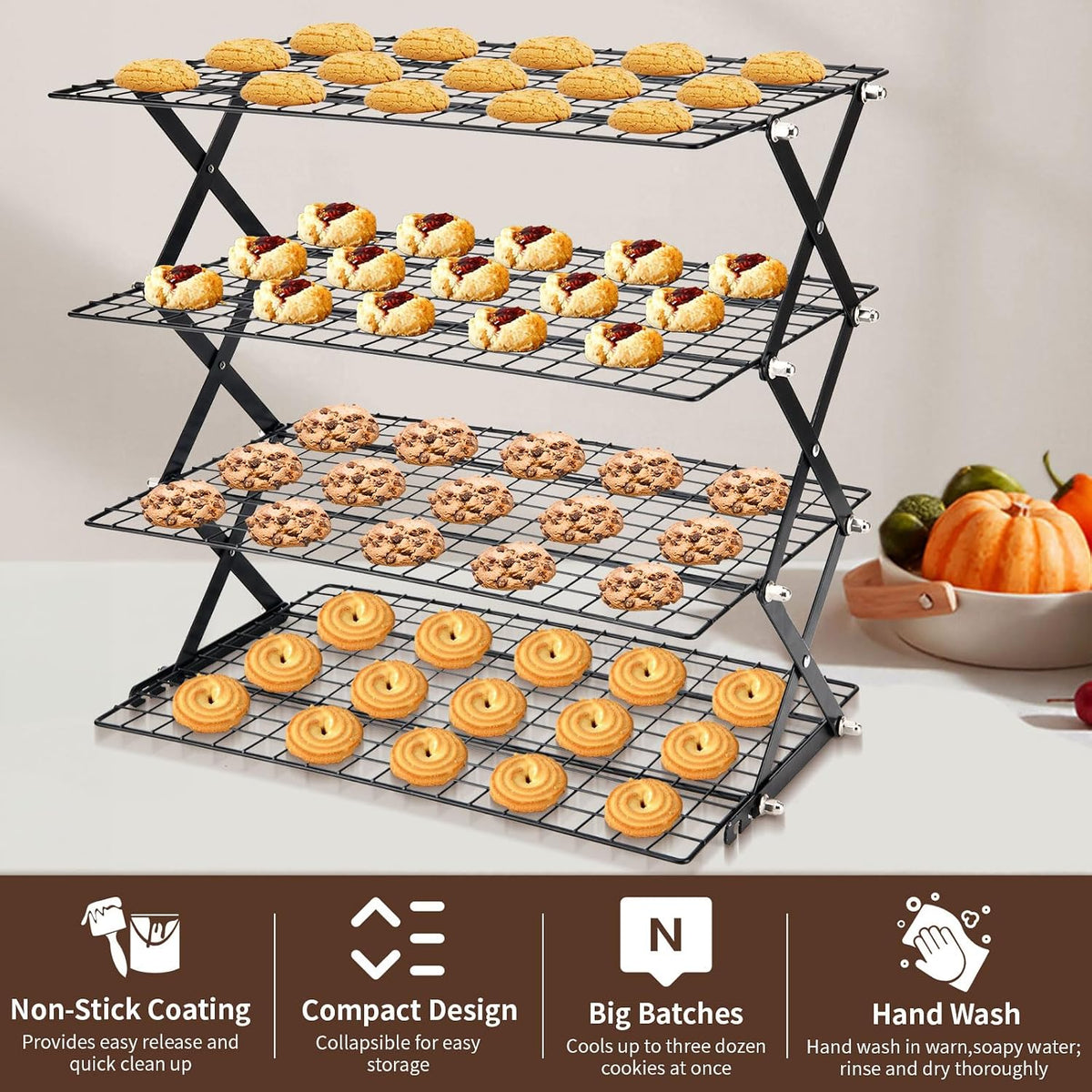 2/3/4-Tier Collapsible Cooling Rack for Baking,Folding Cooling Grid,Adjustable Stackable Roasting Cooking Drying Wire Cooling Rack for Cookies Baking