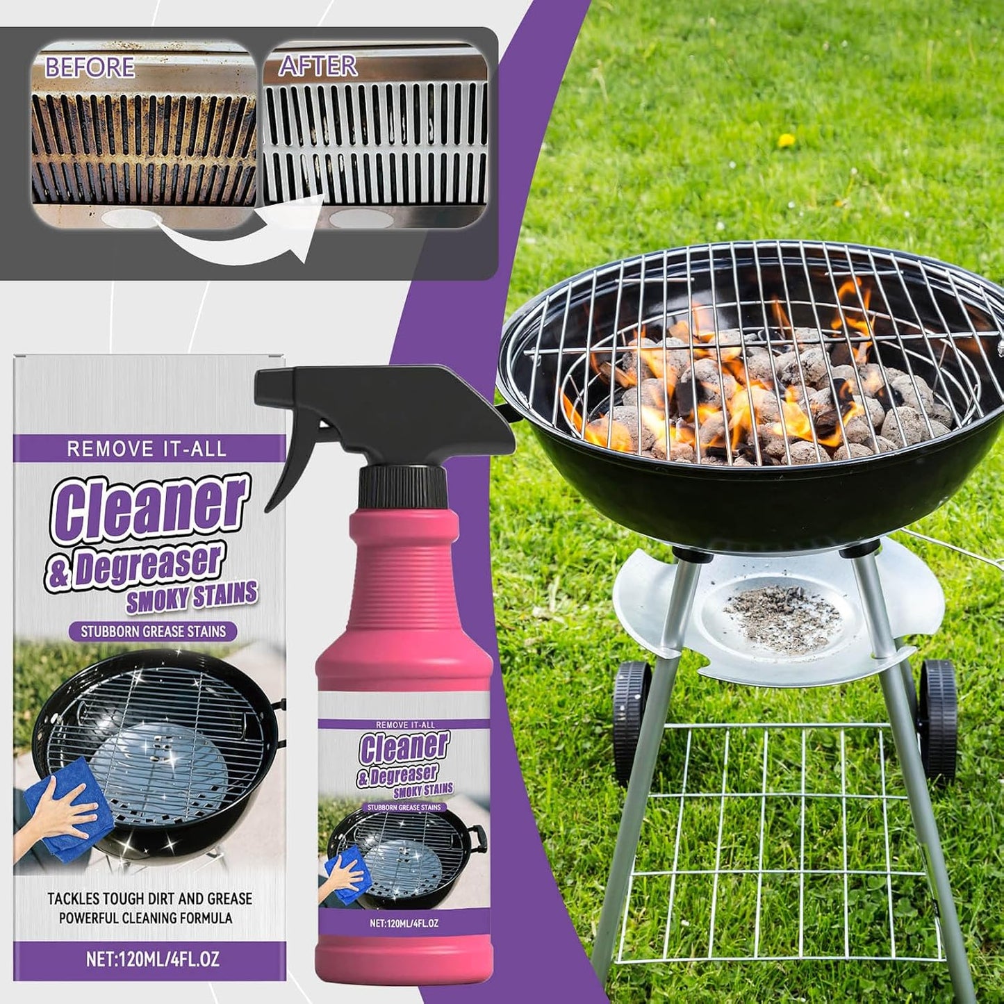 Fast-Acting Heavy-Duty Grill Degreaser Spray, Heavy Duty BBQ Grill Degreaser, Multi Functional Grease Remover for Outdoor Grills Effortlessly Removes Stubborn Oil & Carbon Residue (sponge)