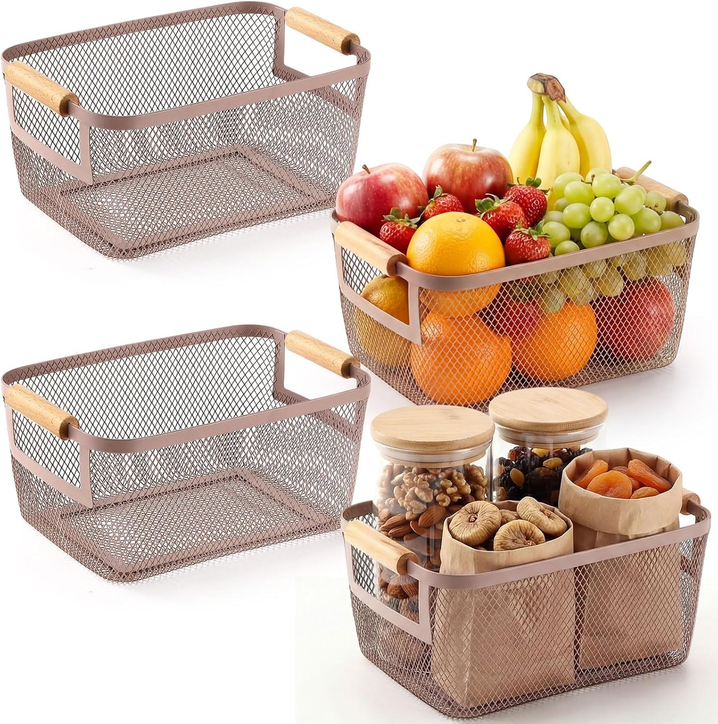 Mumufy 3 Pcs Metal Mesh Basket with Wooden Handles Wire Steel Organizer Bins Pantry Organizers Kitchen Baskets for Closet Cabinet Bathroom Fridge Food Snacks Organization (Warm Tapue,3 Sizes)