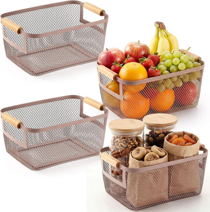 Mumufy 3 Pcs Metal Mesh Basket with Wooden Handles Wire Steel Organizer Bins Pantry Organizers Kitchen Baskets for Closet Cabinet Bathroom Fridge Food Snacks Organization (Warm Tapue,3 Sizes)