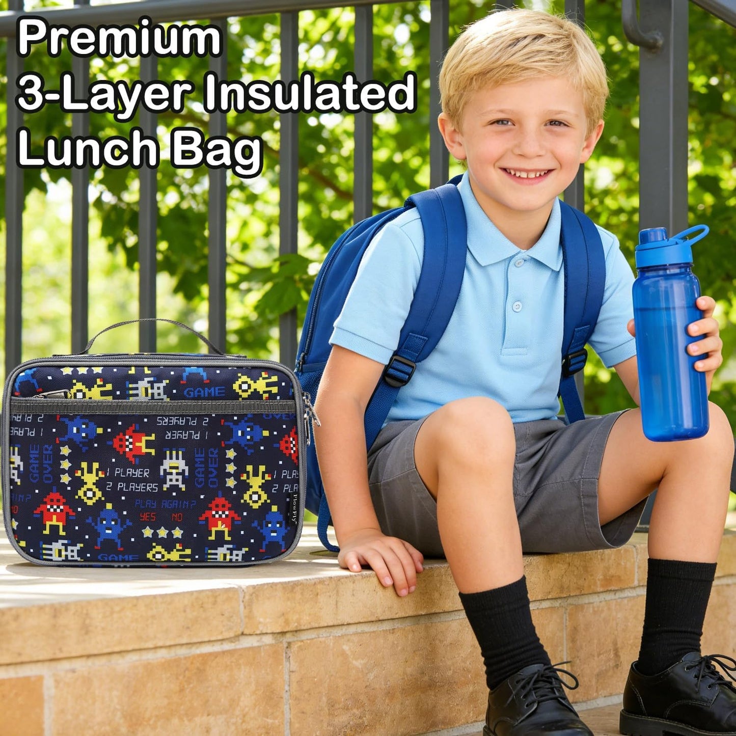 FlowFly Kids Lunch box Insulated Soft Bag Mini Cooler Back to School Thermal Meal Tote Kit for Girls, Boys, Black