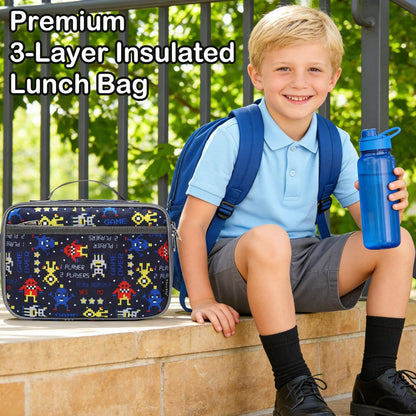 FlowFly Kids Lunch box Insulated Soft Bag Mini Cooler Back to School Thermal Meal Tote Kit for Girls, Boys, Black