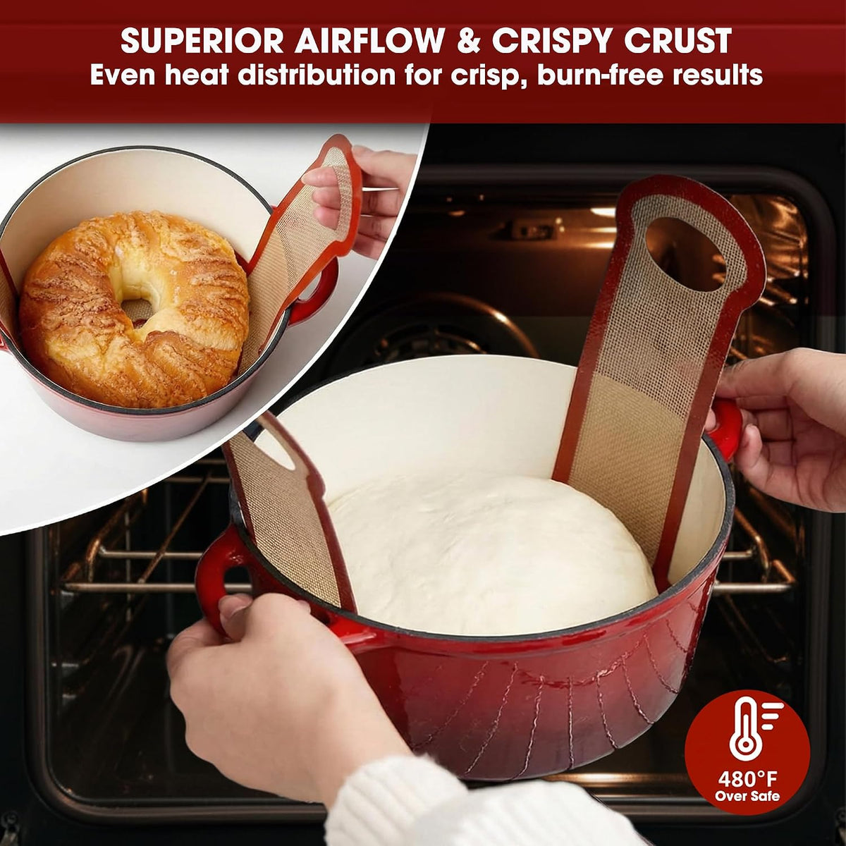 Sourdough Silicone Bread Sling for Dutch Oven, 2PCS Non-Stick Reusable Baking Mat with Long Handles, Essentials Bread Making Supplies for Dough Transfer and Loaf Pan Lifter Liner, Set Of Oval & Round