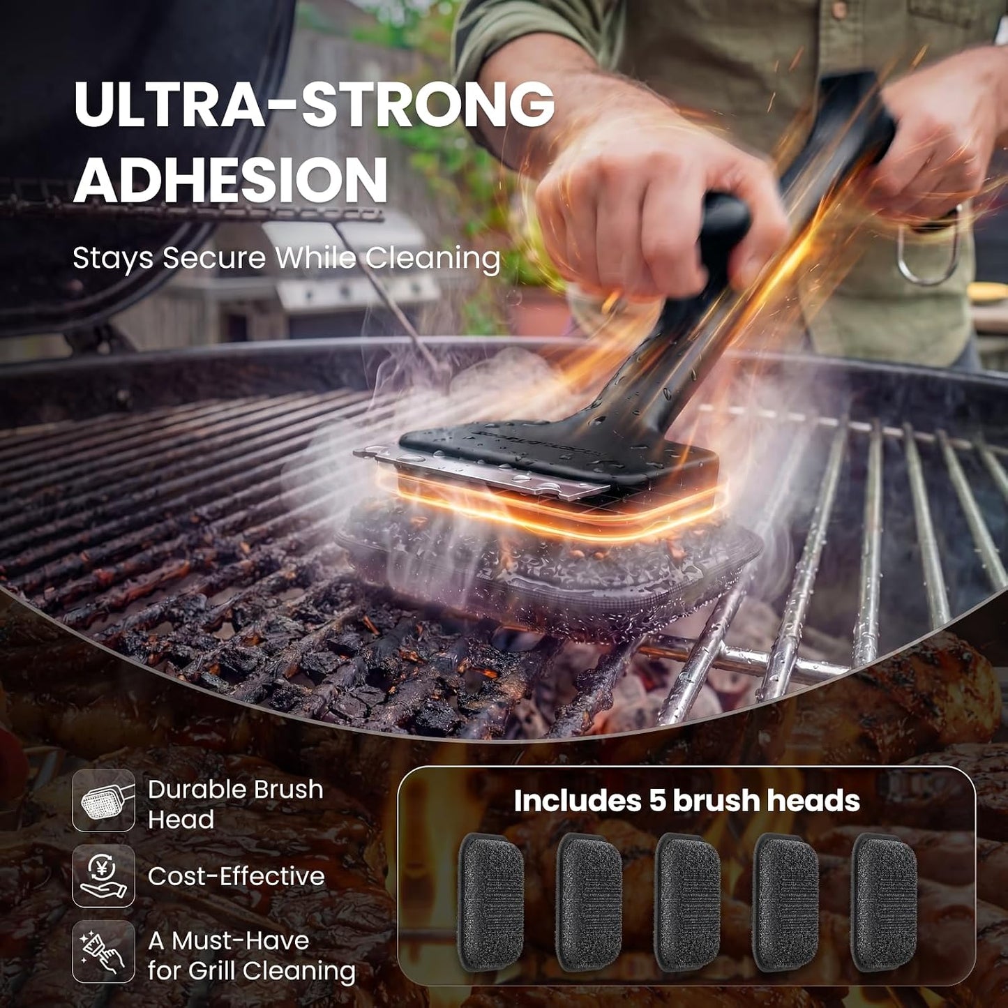 ThermoMaven Bristle-Free BBQ Grill Brush - No Wire Risk Steam Cleaner Removes Burnt Grease Fast - 17" Cool-Touch Handle, Scraper & 3 Replaceable Heads for Gas, Charcoal & Cast Iron