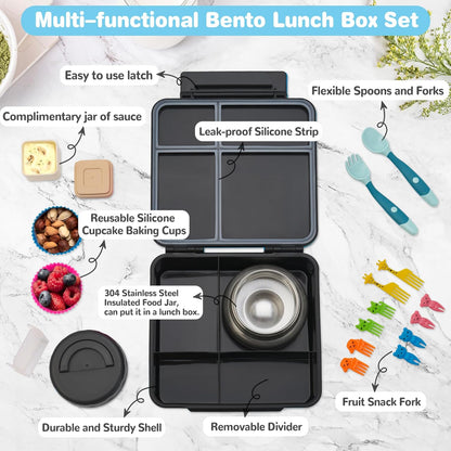 Bento Lunch Box with 9.5 oz Soup Thermo, Kids Leakproof 4 Compartments Bento Box with Silicone Cupcake,Fruit Fork,Spoon and Sauce Cup,Insulated Food Jar for School Travel-Black