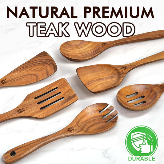 Wooden Spoons for Cooking, Natural Teak Wooden Kitchen Utensils Set, Cooking Utensils Set with Long & Comfort Grip, Wooden Spoons Spatula Set Perfect for Non-Stick Cookware