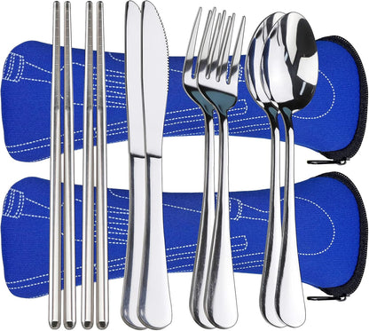 Portable Silverware Set with Case, Lengnoyp Travel Camping Utensils Set, Premium Stainless Steel Travel Cutlery Set