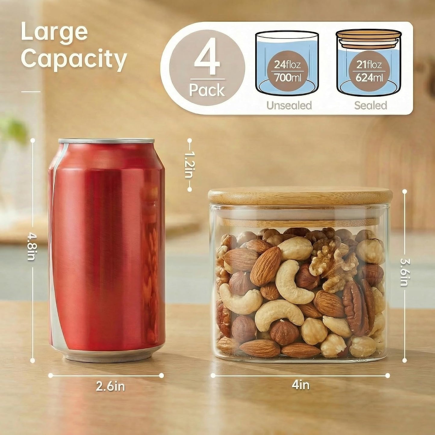 Extra Large Square Glass Flour & Sugar Storage Containers with Airtight Lids, 168 floz - 2 Pack Glass Jars with Bamboo Lids for Pantry, Air tight Food Storage Containers for Cereal, Pasta, Rice