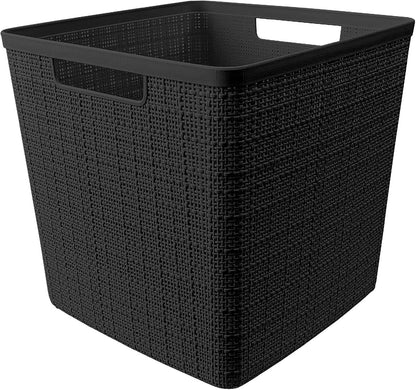 Curver Set of 4 Large 18L Easy Access Jute Decorative Plastic Organization and Storage Baskets - Perfect Bins for Home Office, Closet Shelves, Kitchen Pantry and All Bedroom Essentials, Black