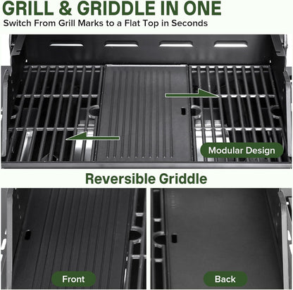 Gas Grill with Side Burner, 3-Burner Propane Grill with Porcelain-Enameled Cast Iron Grates and Double-Wall Insulated Lid, 39,000 BTU BBQ Grill with Wheels for Outdoor Cooking