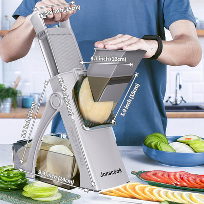 Jonscook All-in-1 Update Safe Mandoline Slicer for Kitchen, Food Chopper with Container, Thickness Adjustable Vegetable Chopper, Potato French Fry Cutter Tomato Apple Slicer Onion (BlackKnight)