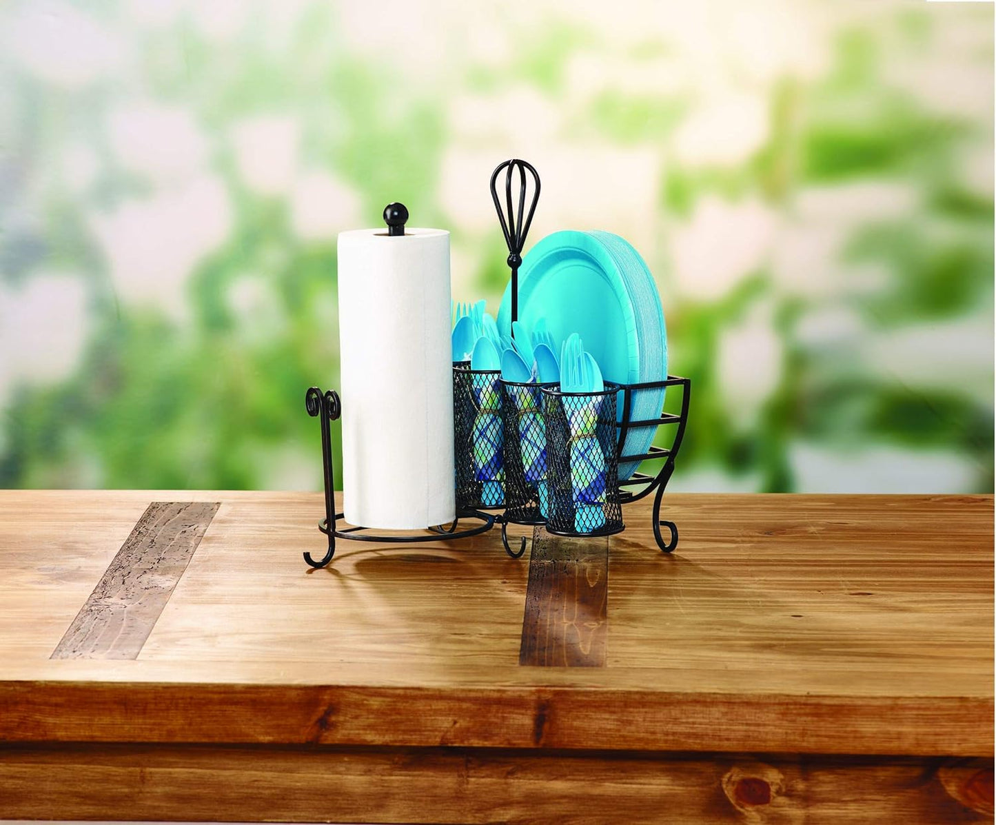 Mikasa Gourmet Basics Avilla Picnic Caddy, Antique Black Finish, Paper Plate Organizer with Flatware Canisters and Paper Towel Spindle, 15 x 14 x 13 in