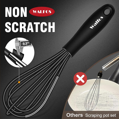 Walfos Silicone Whisk,Stainless Steel Wire Whisk -Heat Resistant 480°F Kitchen Whisks for Non-stick Cookware,Balloon Egg Beater Perfect for Blending,Whisking,Beating,Frothing & Stirring,Black