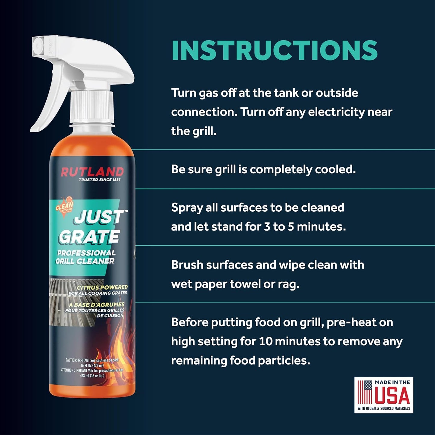 Rutland Just Grate Grill Cleaner, Citrus Degreaser, BBQ Grill Interior & Exterior, 16 fl oz