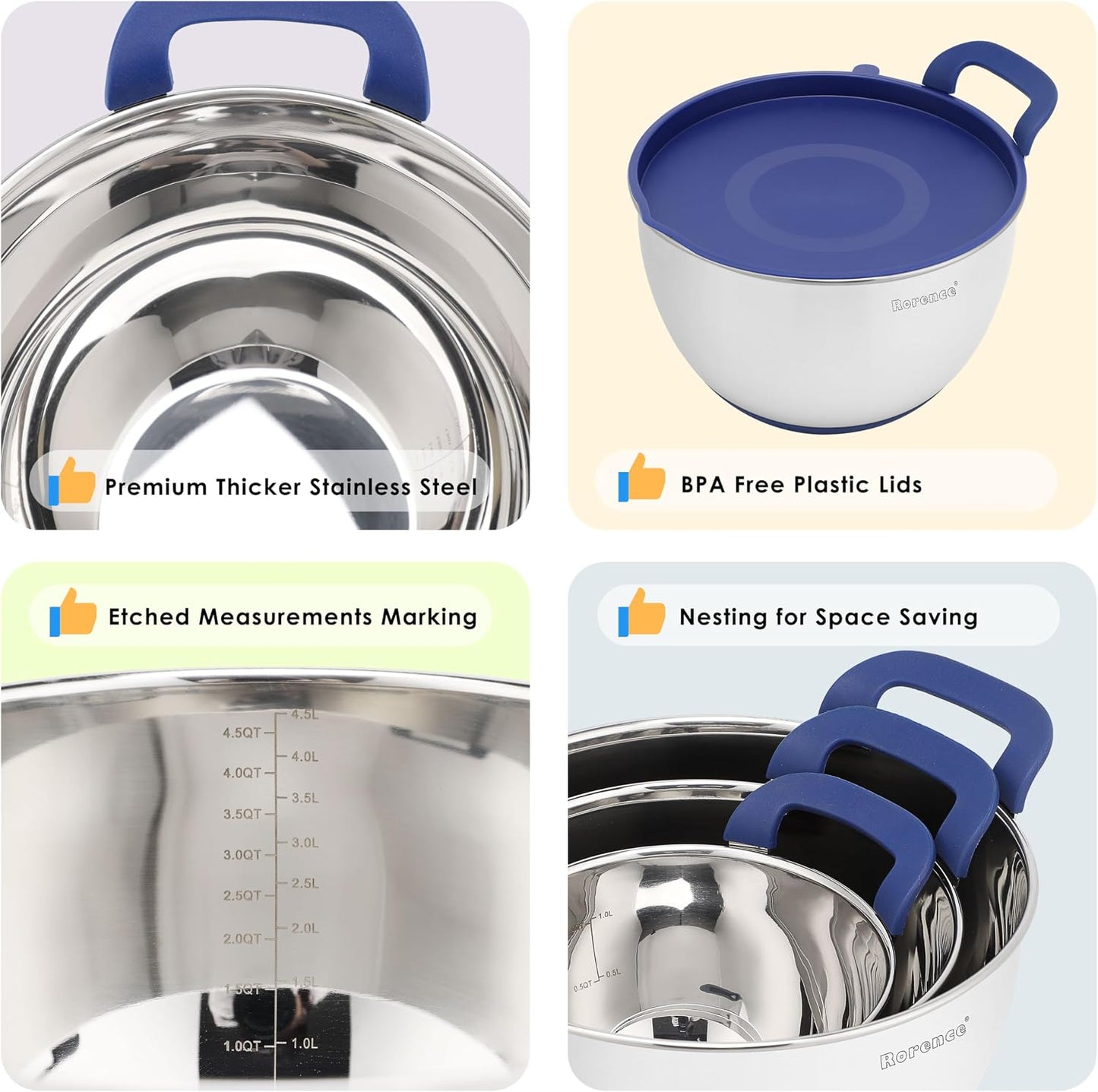 Rorence Stainless Steel Mixing Bowls: Stackable Mixing Bowl Set with Lids and Handles Non-slip Silicone Bottom Nesting Bowls for Kitchen Set of 3 - Black